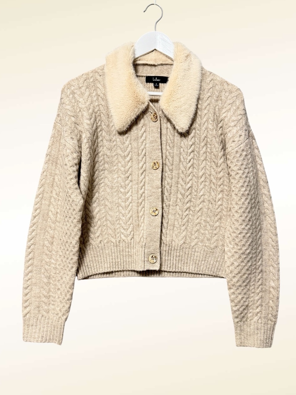 Lulus Luxury Taupe Cable Knit Faux Fur Collared Cardigan Size Small Button Up